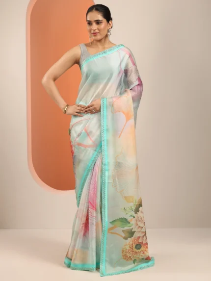 Multi Printed Organza Saree With Unstitched Blouse Piece