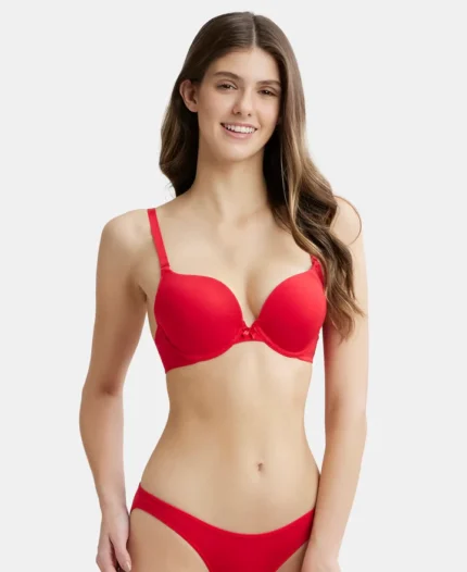 Sangria Red Wired Padded Super Combed Cotton Elastane Stretch Medium Coverage Pushup Bra with Plunge Neck
